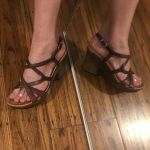 Leather Thin Strap Dansko Sandals, brown heeled platform